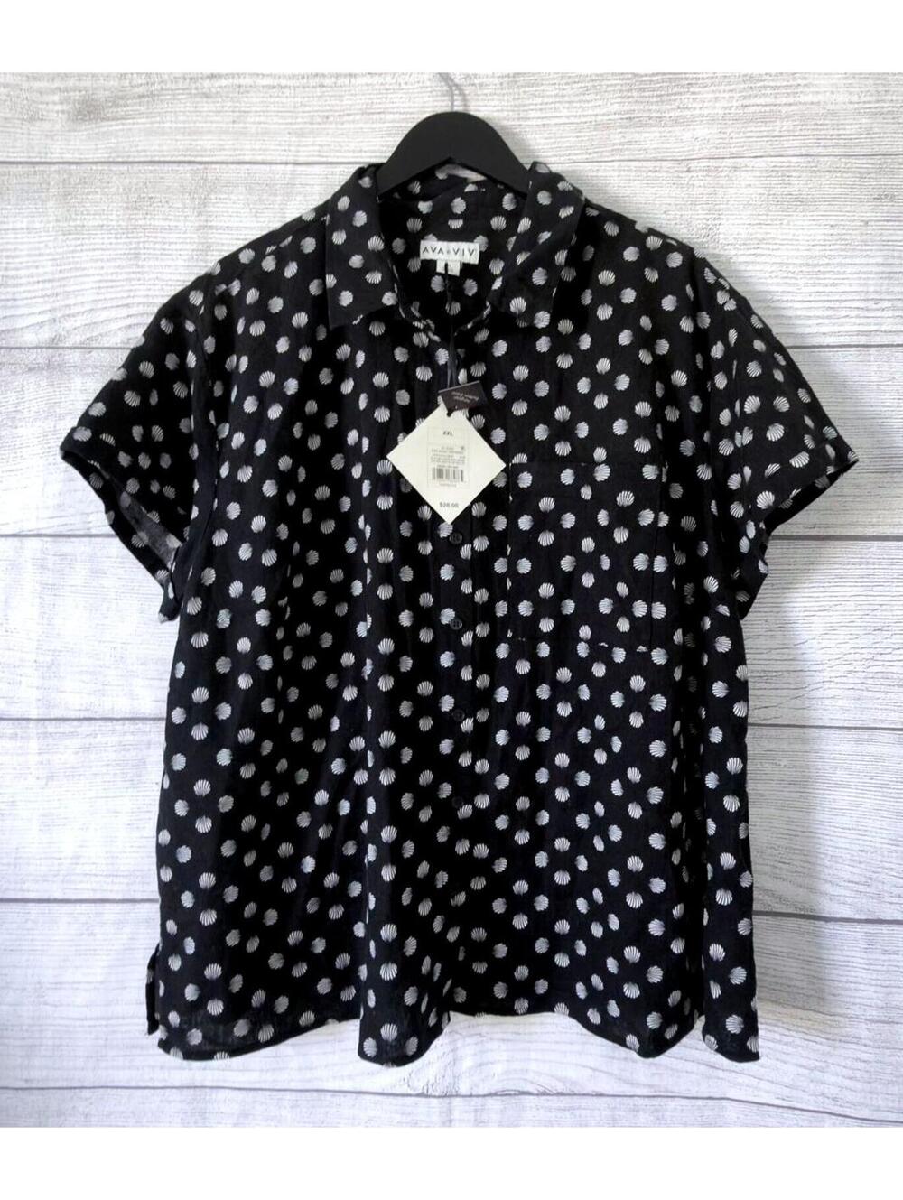Ava & Viv Black Seashell Print Linen Short Sleeve Button Up Shirt Women